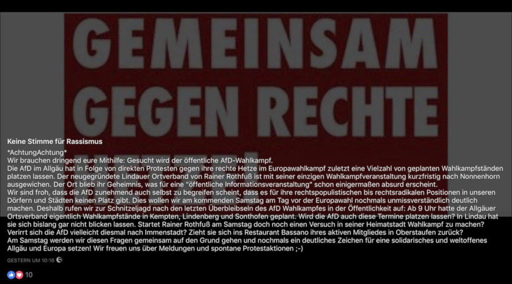 Galgenhumor auf Kosten der AfD: Antirassistische Kampagne ruft im Allgäu »zur Schnitzeljagd nach den letzten Überbleibseln des AfD Wahlkampfes in der Öffentlichkeit« auf.