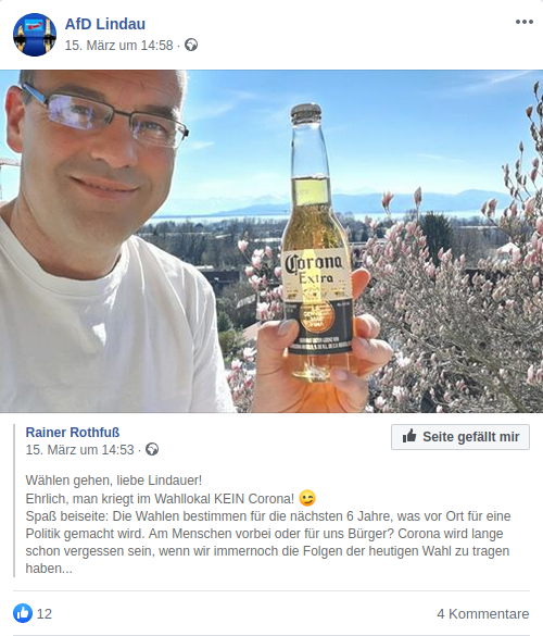 Am Tag der bayerischen Kommunalwahl verharmlost Rainer Rothfuß mit einem Bier der Marke Corona die gleichnamige Pandemie, um zur Wahl aufzurufen. (Screenshot Facebook)