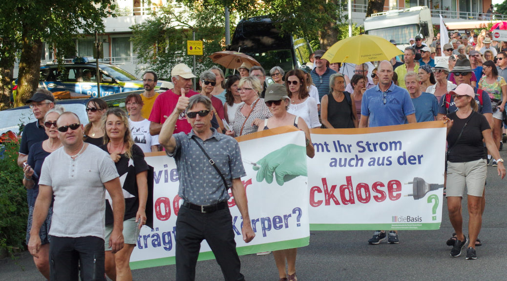 DIe Querdenken-Partei dieBasis beteiligt sich am Querdenken-Aufmarsch mit mehreren Bannern.